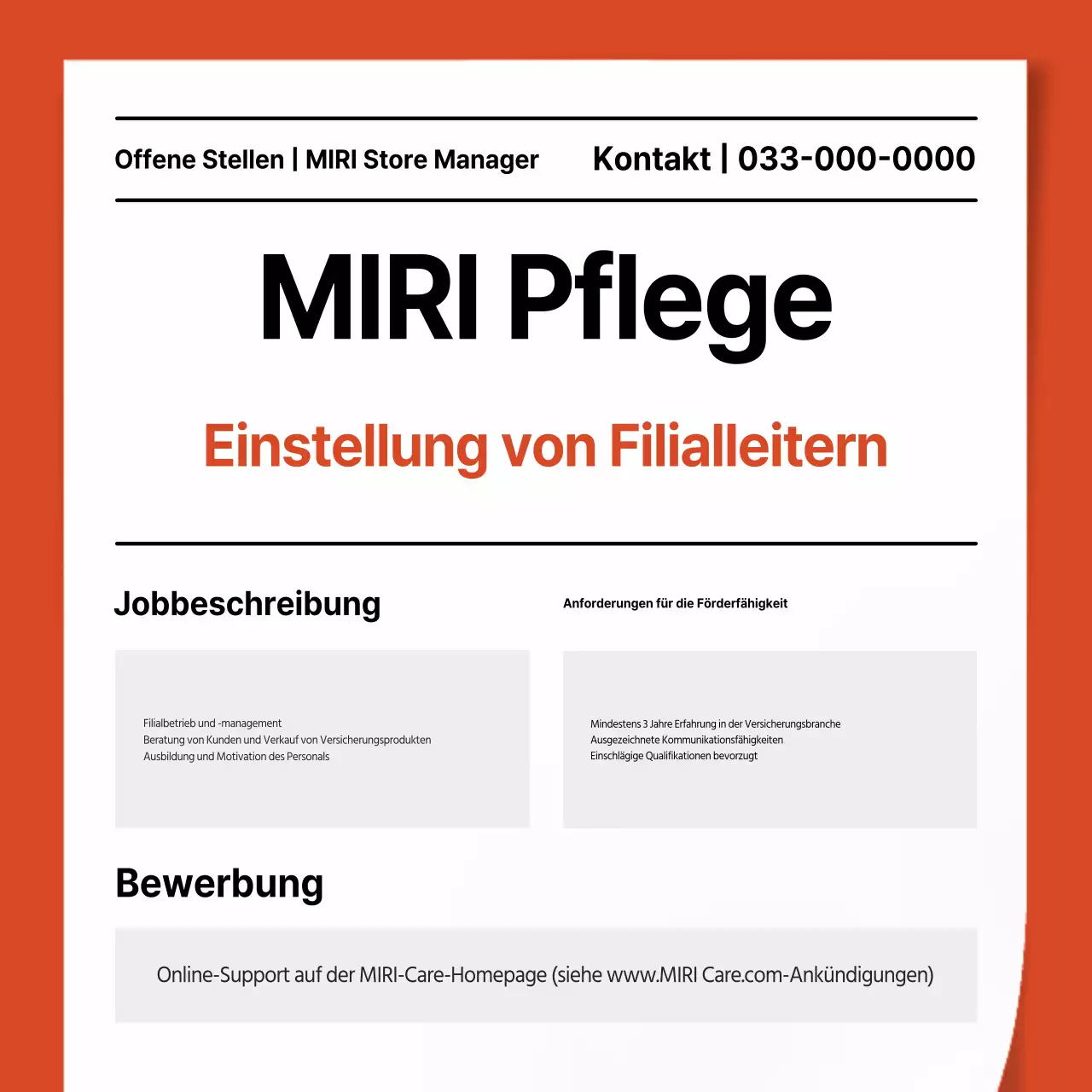 Einfache orange-weiße Stellenausschreibung für Filialleiter einer Versicherungsgesellschaft