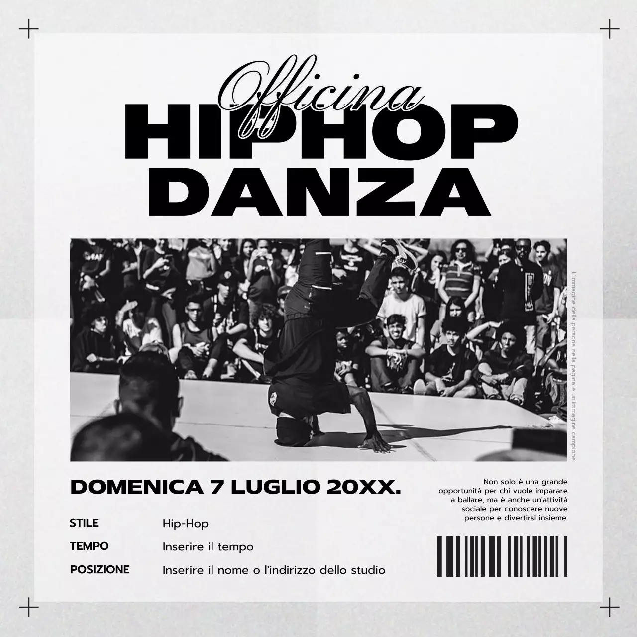 Semplice lezione di hip hop in nero e grigio Annuncio di workshop