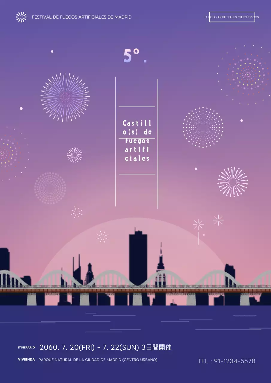 Publicidad para un fantástico espectáculo de fuegos artificiales azules y morados.