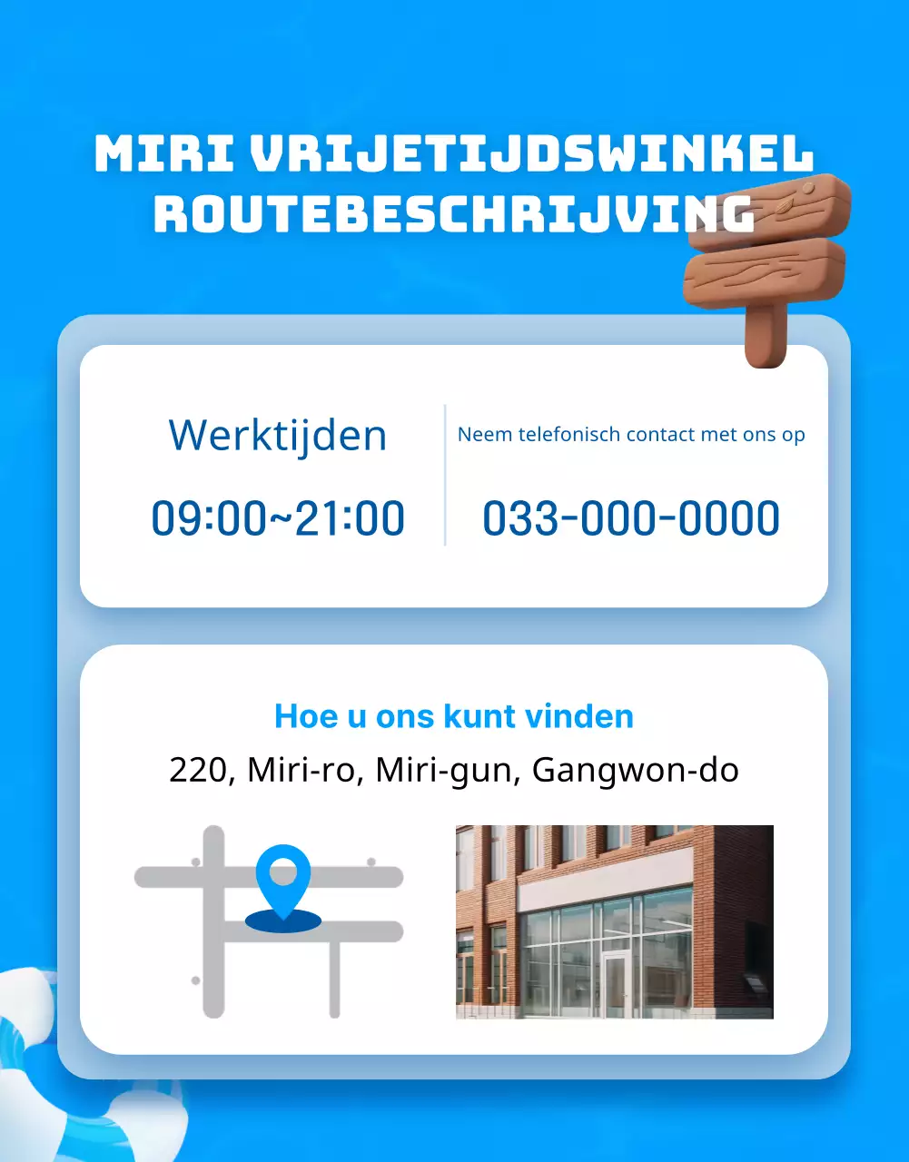 Reclame voor vrijetijdswinkel met blauwe en gele accenten