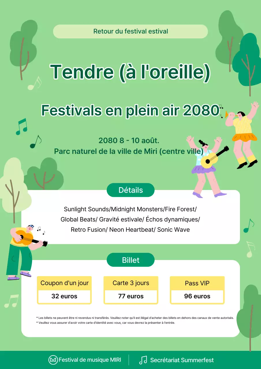 Publicité pour un festival d'été vert et jaune-vert.