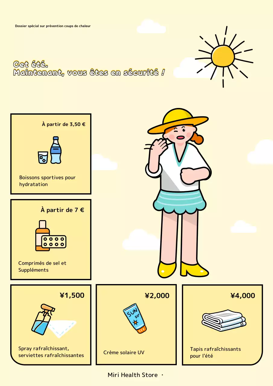 Publicité kitsch jaune et orange pour des produits liés à l'été.