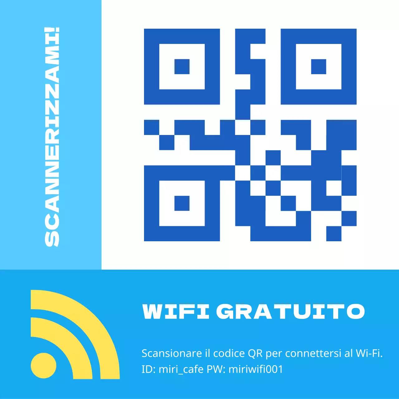 Un semplice annuncio Wi-Fi azzurro e bianco