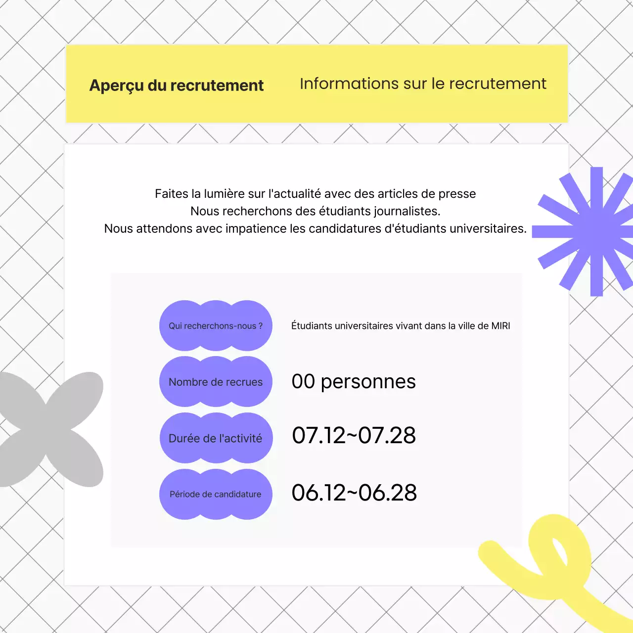 Un guide de recrutement kitsch en violet et jaune pour les universités