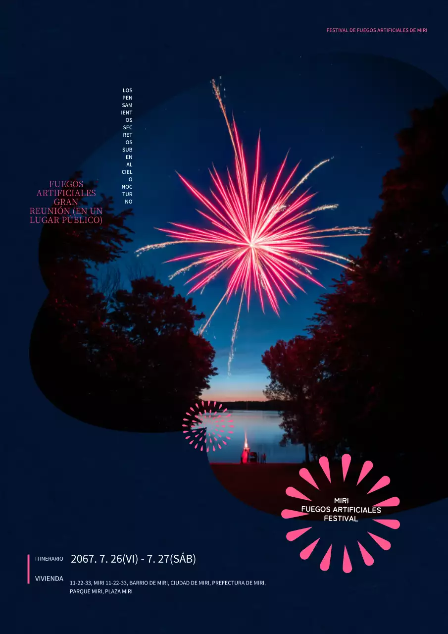 Sencilla publicidad de fuegos artificiales de verano en añil y rosa.