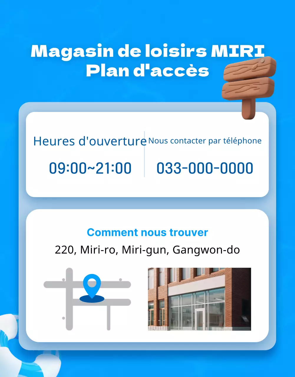 Publicité pour un magasin de loisirs avec des accents bleus et jaunes