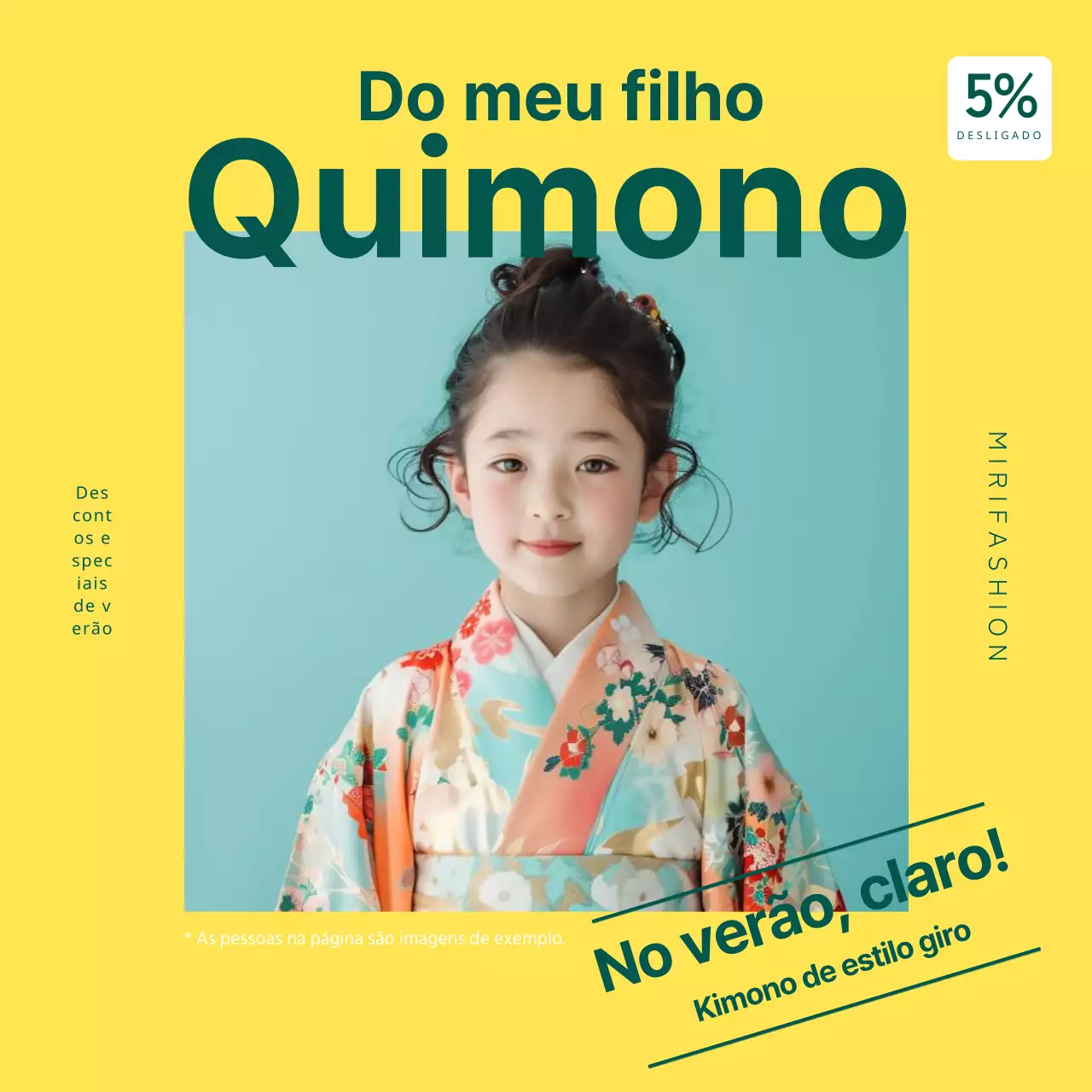 Anúncios de roupa de criança na moda em amarelo e verde.