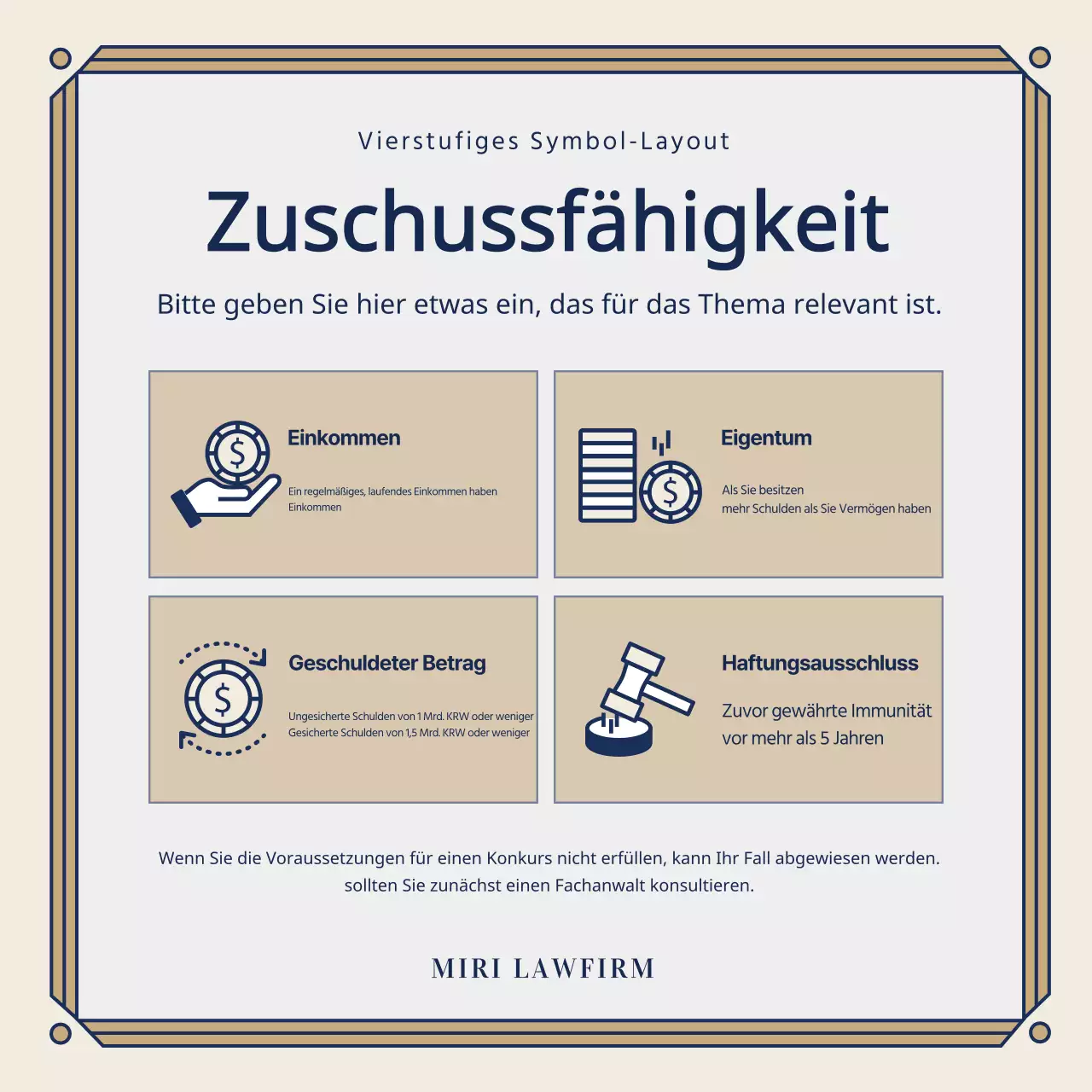 Werbung für eine elegante Anwaltskanzlei in Marineblau und Gold