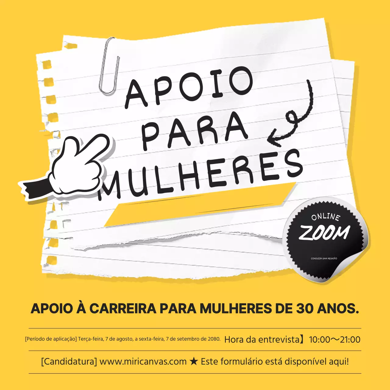 Publicidade de conselhos gratuitos sobre a carreira das mulheres, simples, amarela e branca