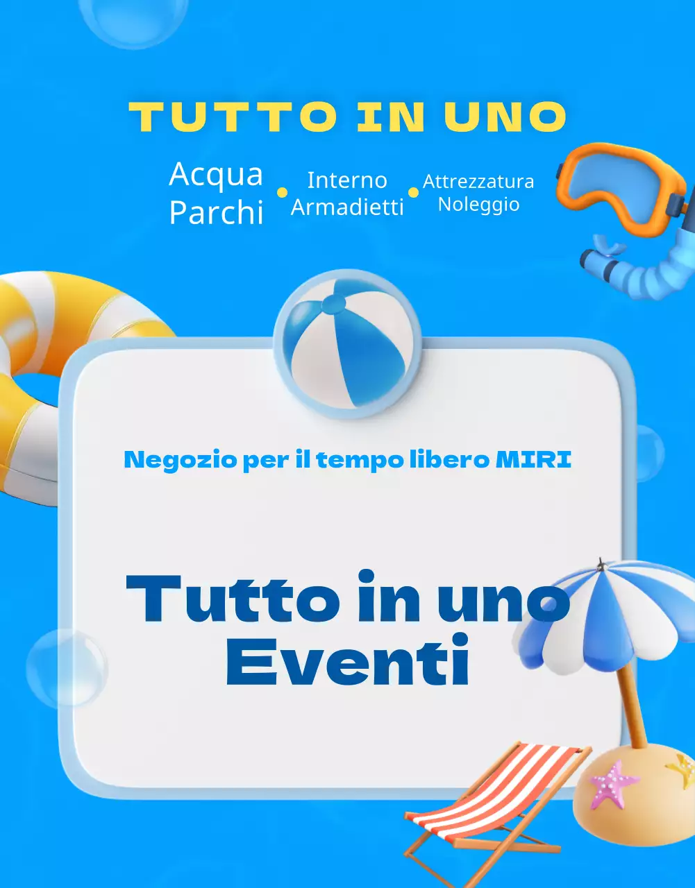 Pubblicità promozionale di un negozio per il tempo libero con accenti blu e gialli