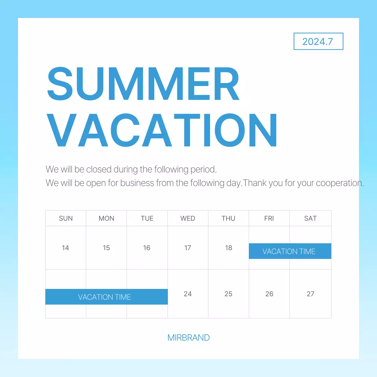 Blue Modern Vacation Notice Social Media Post