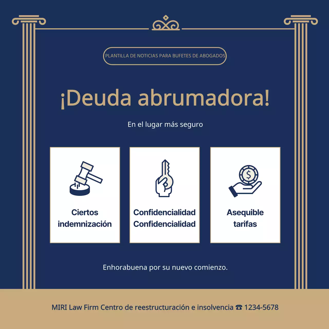 Promoción de un bufete de abogados con clase en azul marino y dorado