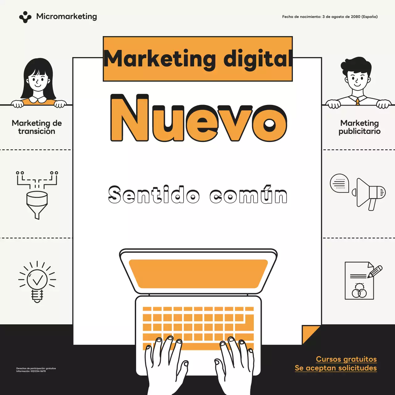 Promocionando un sencillo curso online gratuito de marketing naranja y negro.