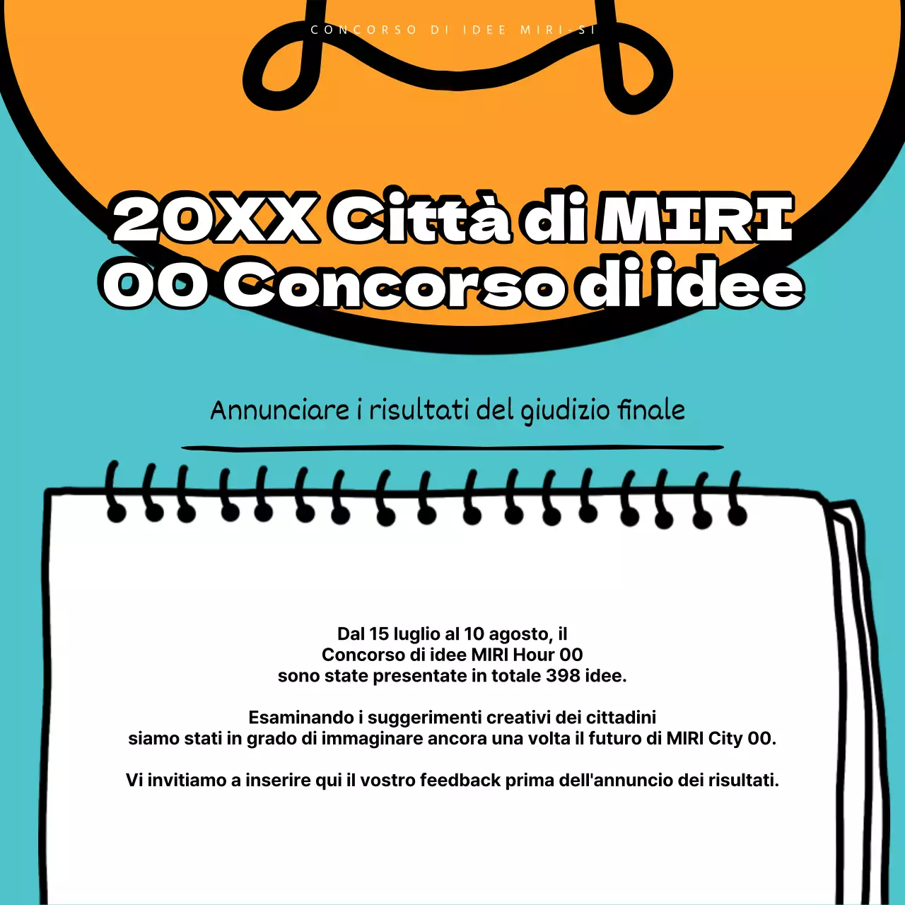 Annuncio dei risultati di un concorso pop-artistico in azzurro e arancione