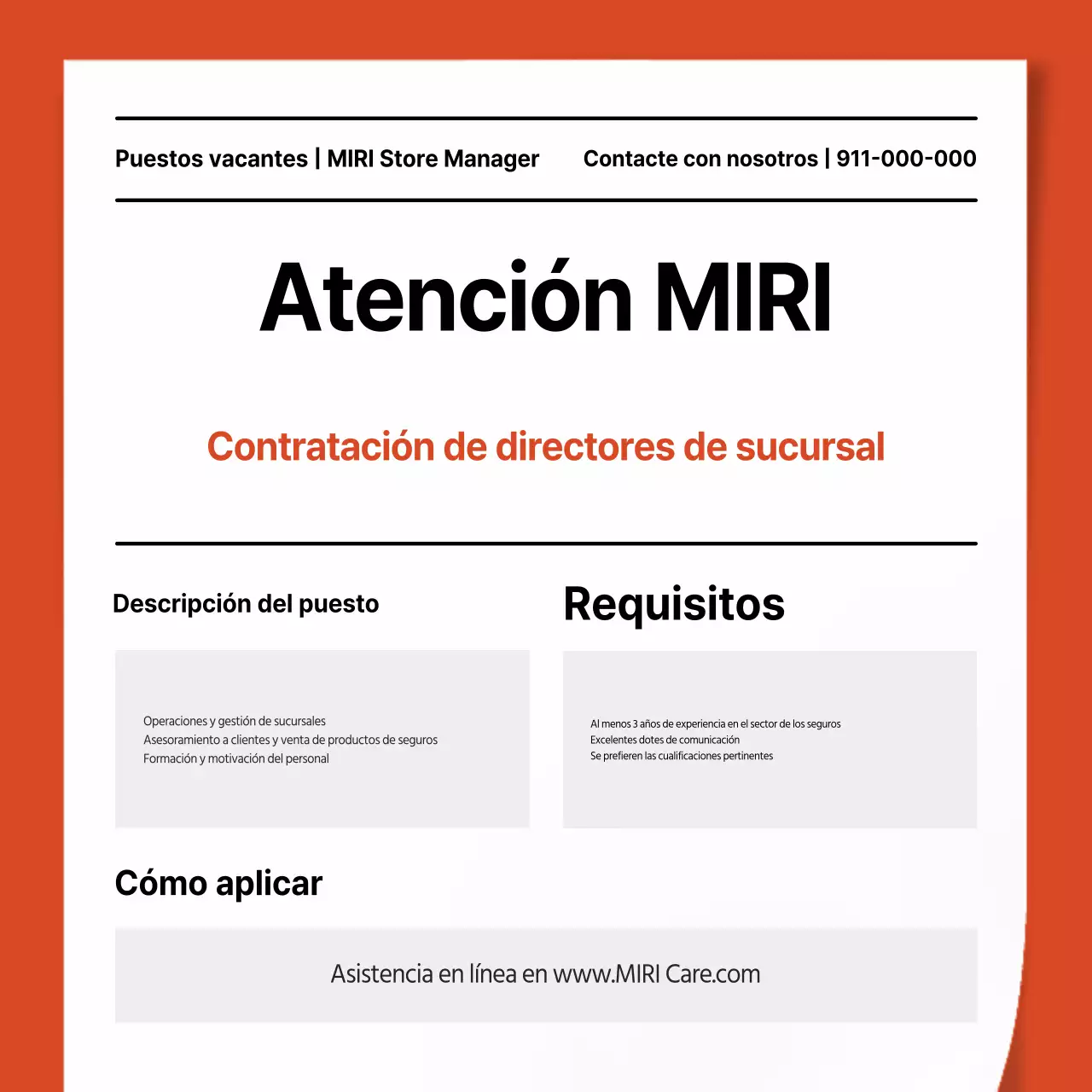 Oferta de empleo sencilla de director de sucursal de compañía de seguros en naranja y blanco