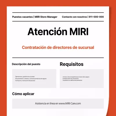 Oferta de empleo sencilla de director de sucursal de compañía de seguros en naranja y blanco