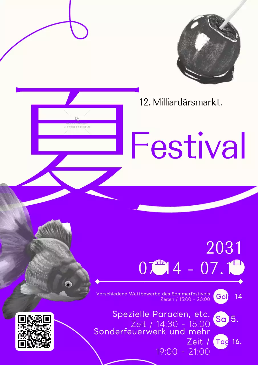 Werbung für Sommerfestivals mit einem einfachen Konzept in lila Farben und kleinen Fotos