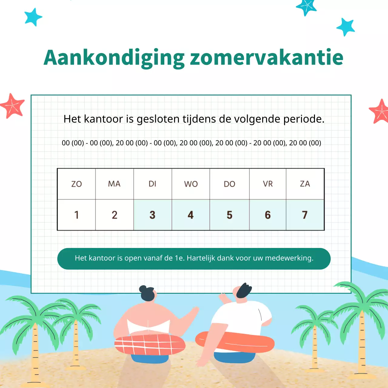Eenvoudig zomervakantiebericht in wit en lichtblauw.