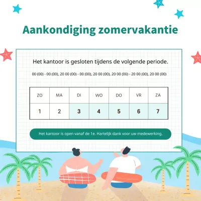 Eenvoudig zomervakantiebericht in wit en lichtblauw.