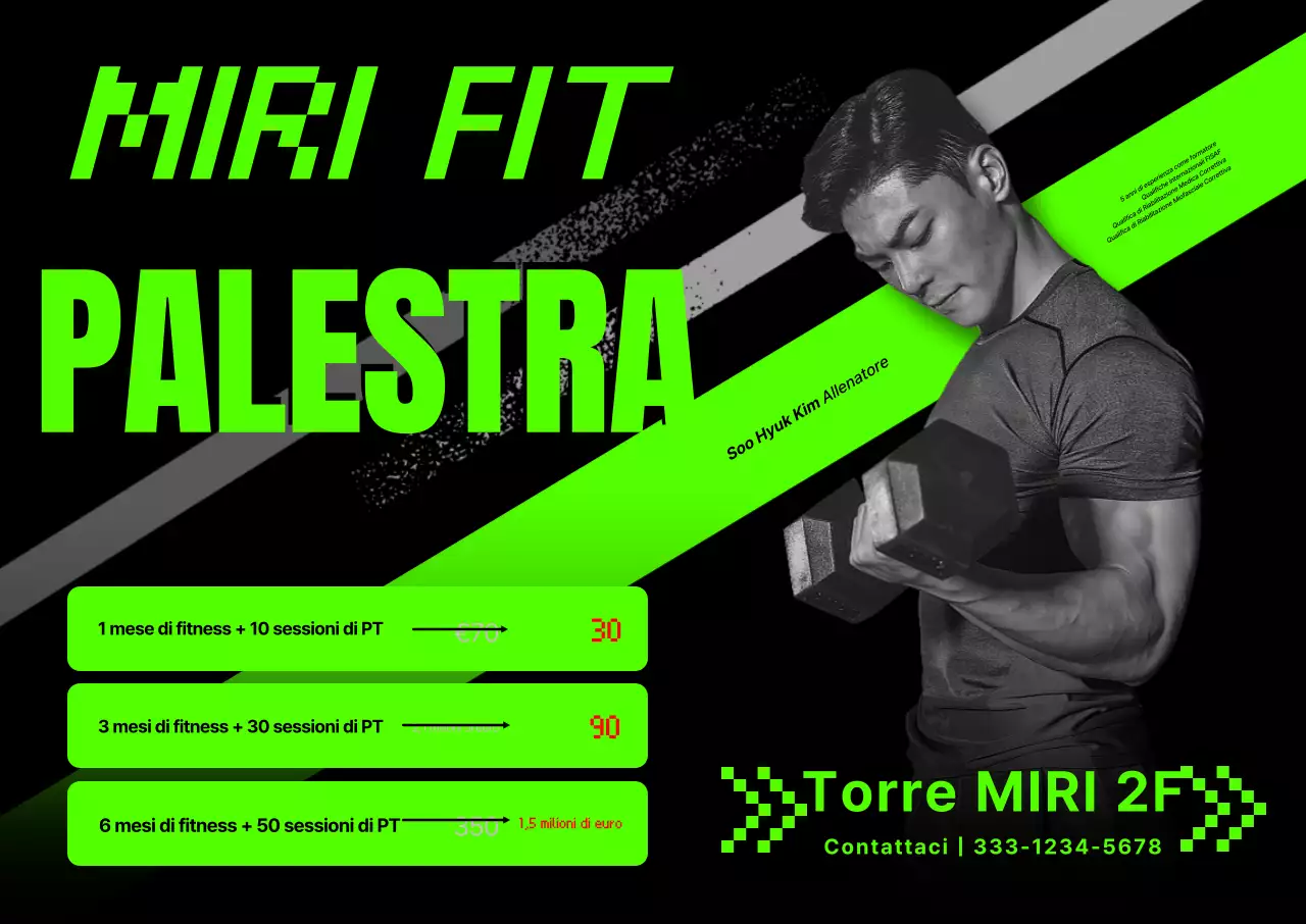 Poster orizzontale dell'istruttore di palestra con colori al neon e senso di velocità