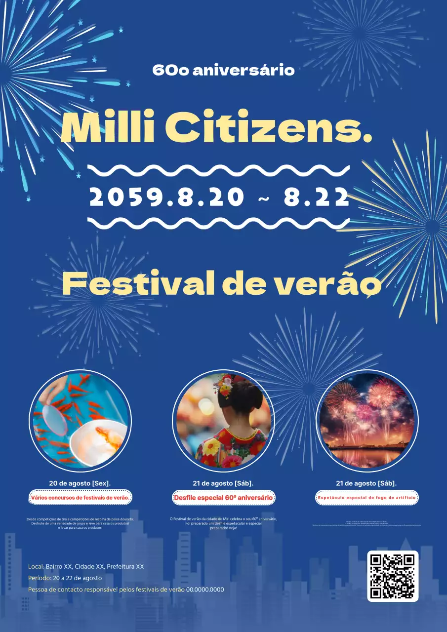 Promover um festival de verão com um conceito colorido com fotografias e ilustrações azuis