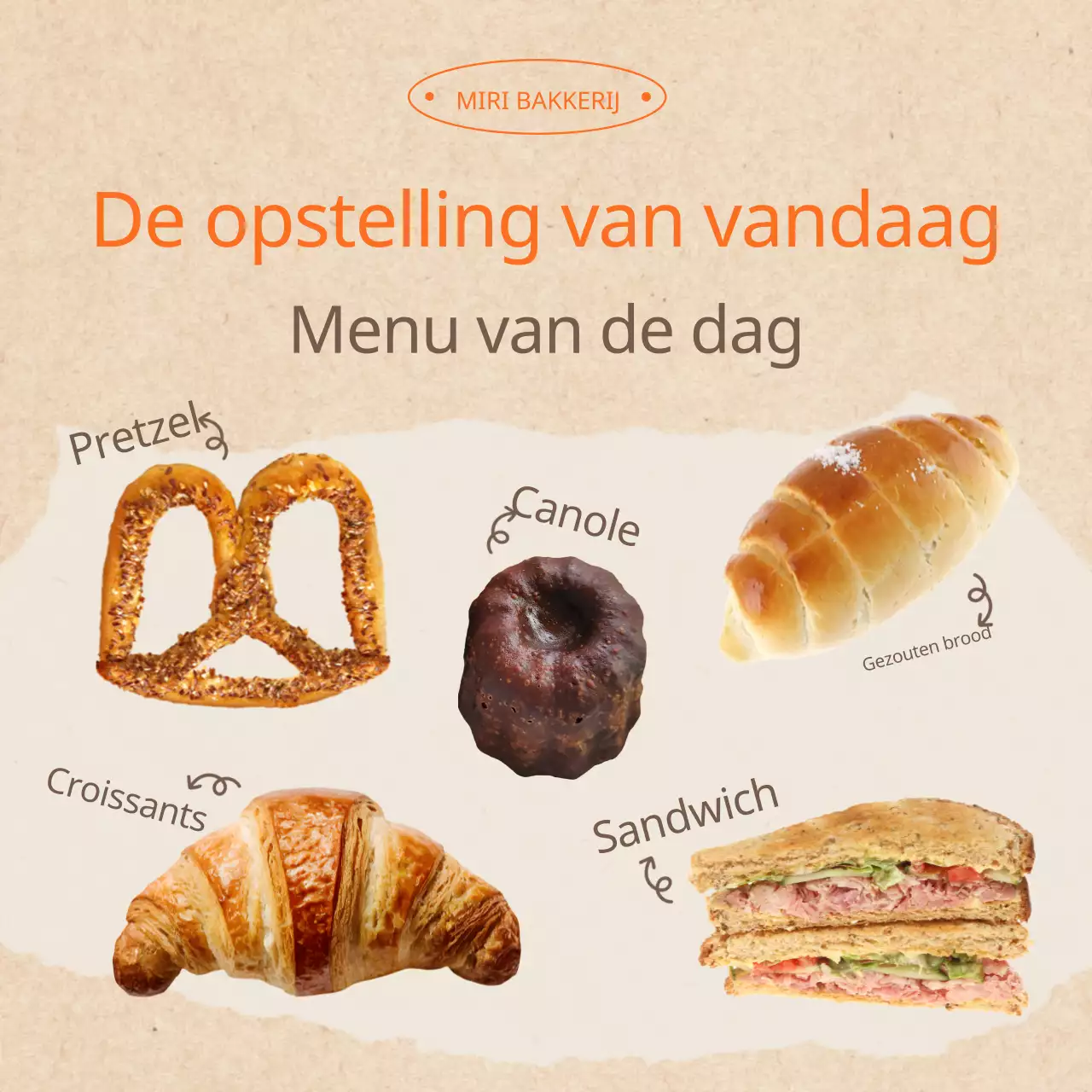 Kitscherige bakkerijaankondigingen in oranje en beige
