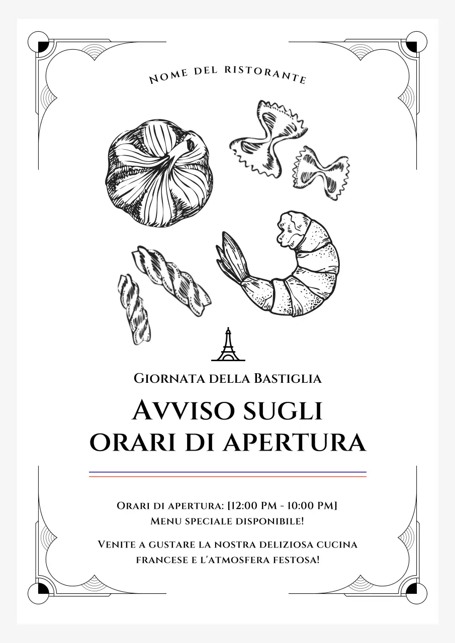 Un classico annuncio in bianco e nero sugli orari di apertura dei ristoranti
