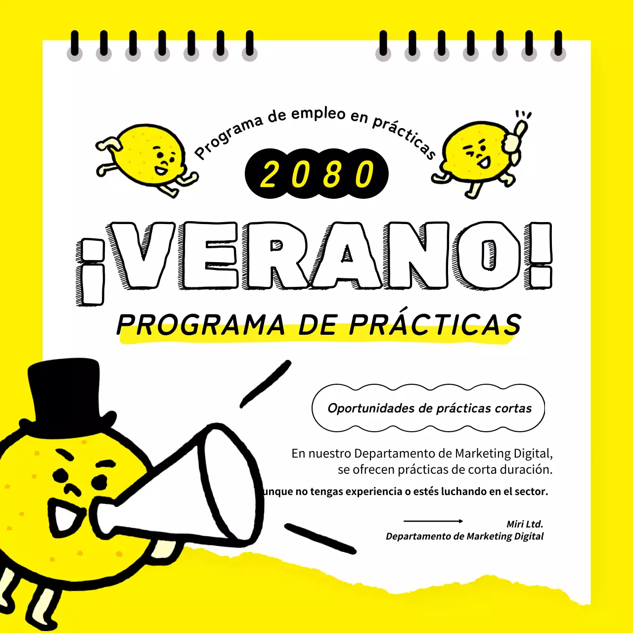 Publicidad en blanco y amarillo para la contratación de becarios a corto plazo en verano