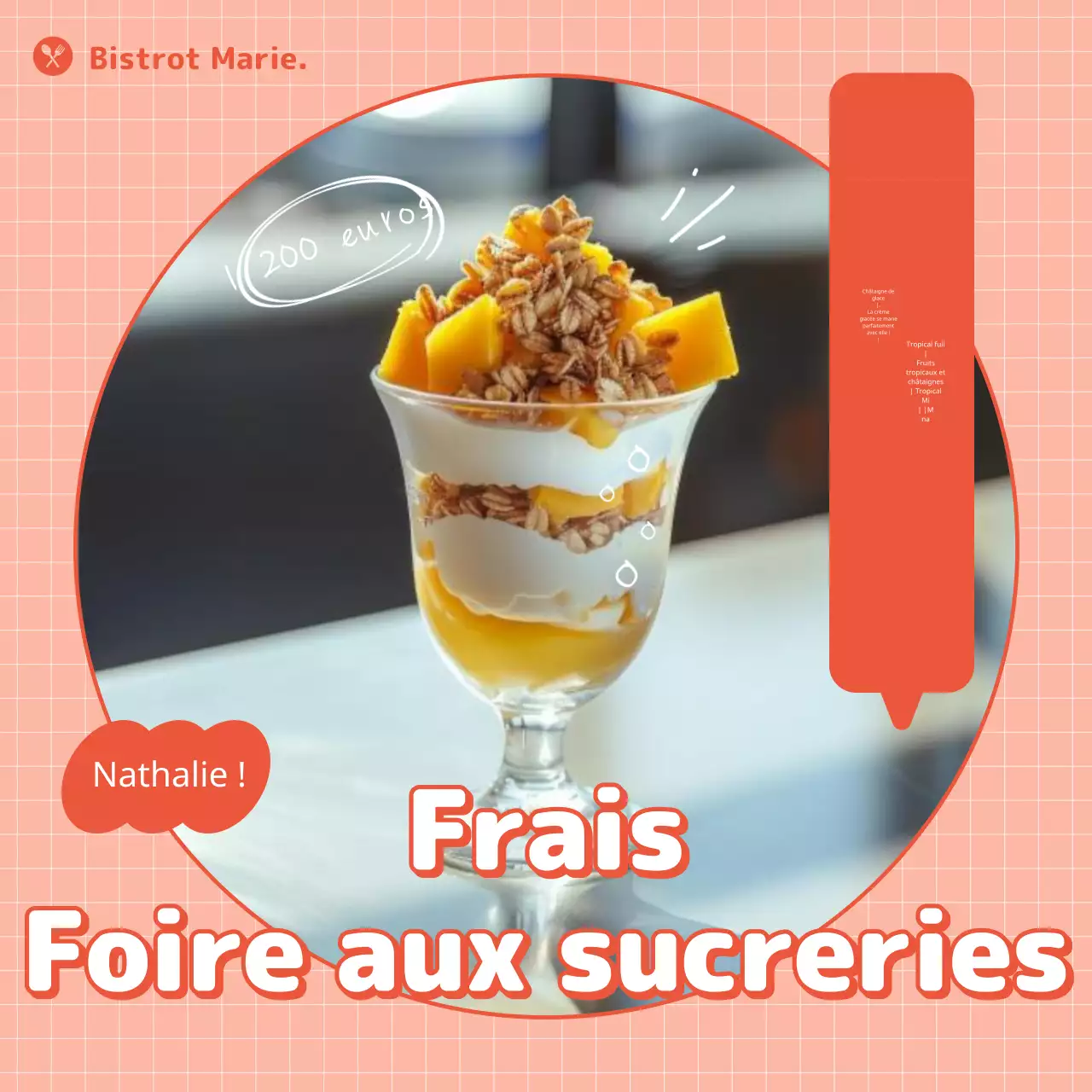 Publicité pour un dessert d'été kitsch rose et rouge.