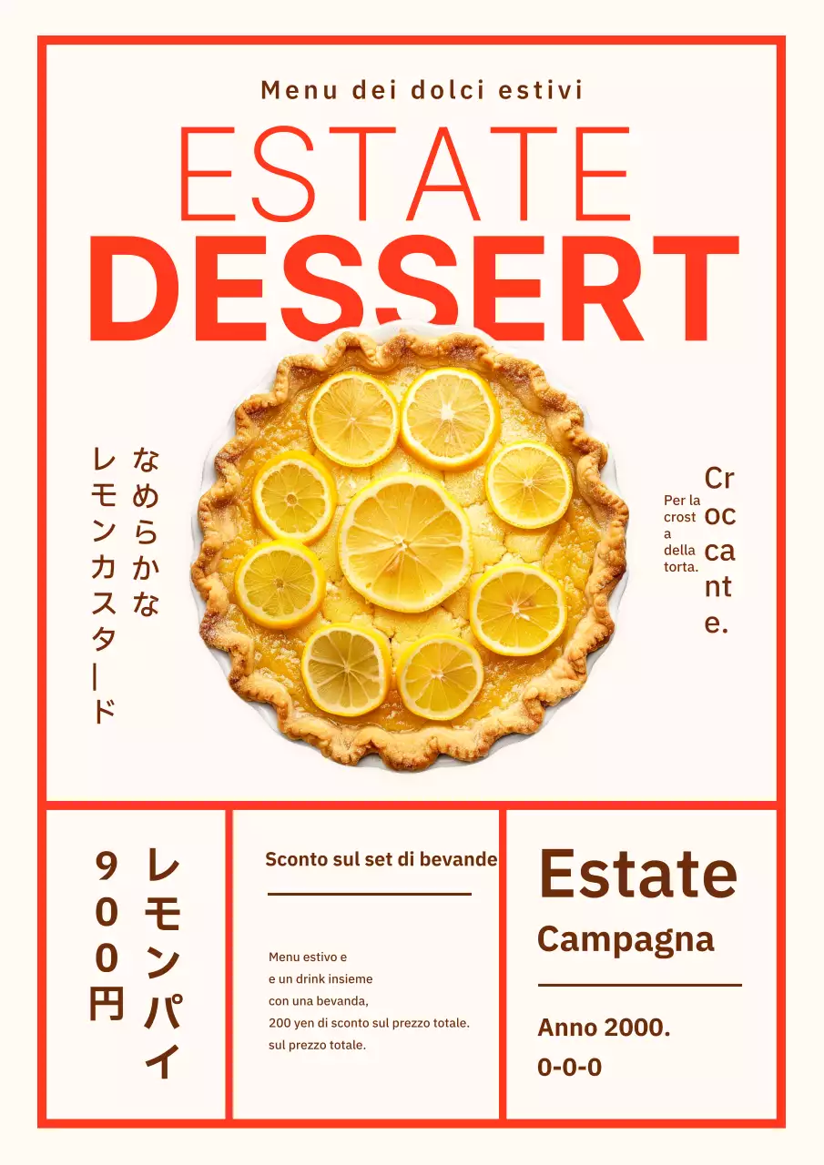 Pubblicità per un nuovo menu di semplici dessert estivi rossi e marroni.