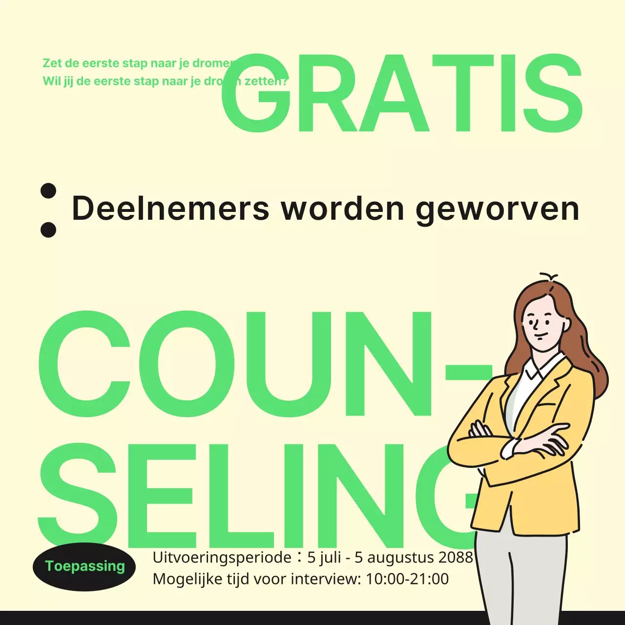 Gratis loopbaanadviessessies promoten met eenvoudige ivoor- en geelgroene kleuren