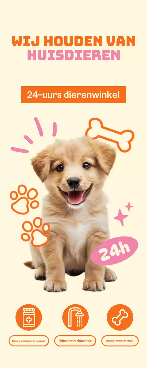 Een 24-uurs dierenwinkel met schattige puppy's