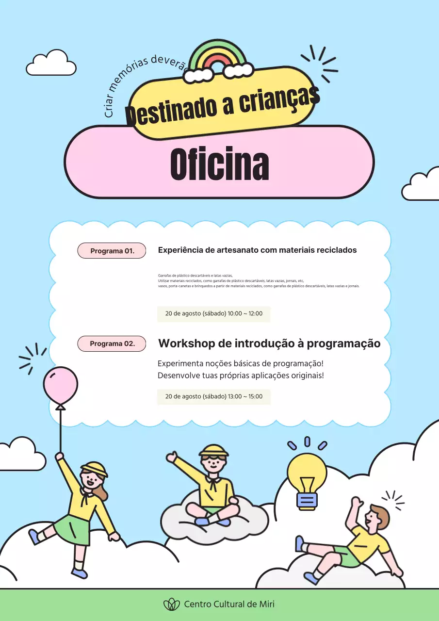 Publicidade para um belo atelier de férias de verão em azul claro e amarelo.