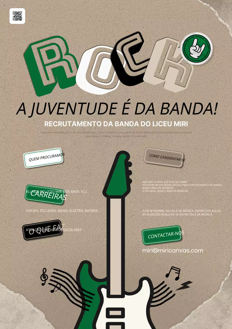 Um anúncio kitsch de recrutamento de uma banda de liceu em bege e verde.