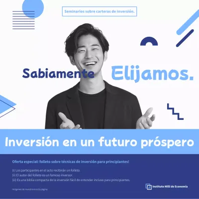 Publicidad para modernos seminarios de inversión en añil y azul claro.