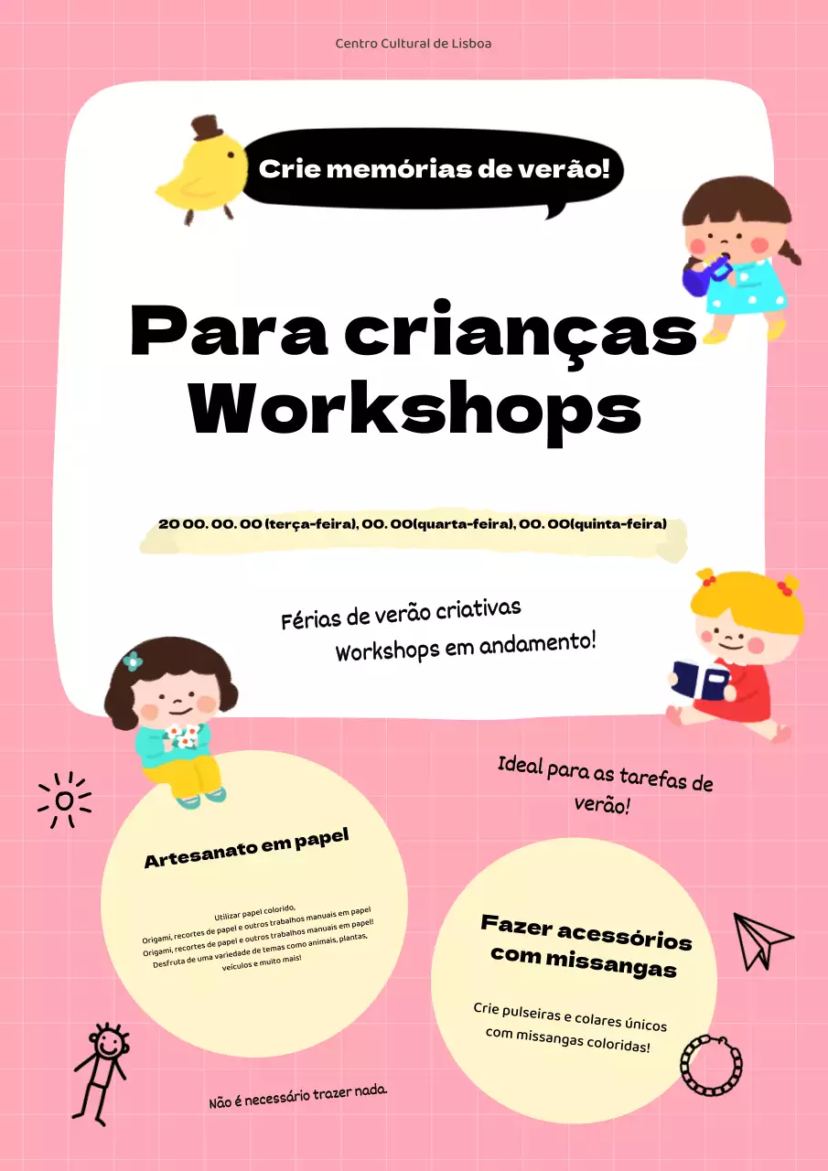Flyer do atelier de férias de verão para crianças, cor-de-rosa e amarelo