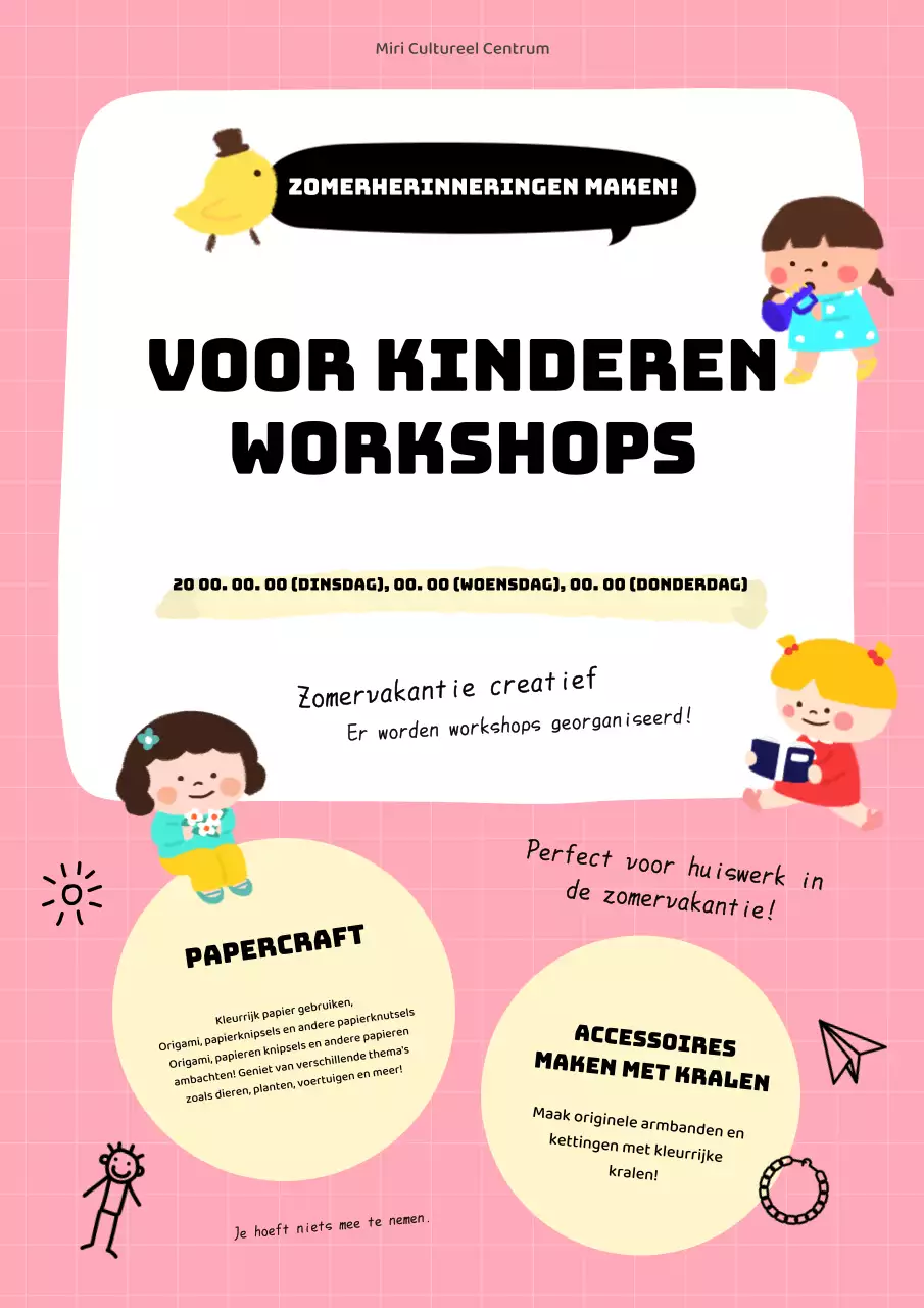 Leuke roze en gele zomervakantie kinderworkshop Flyer