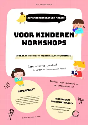 Leuke roze en gele zomervakantie kinderworkshop Flyer