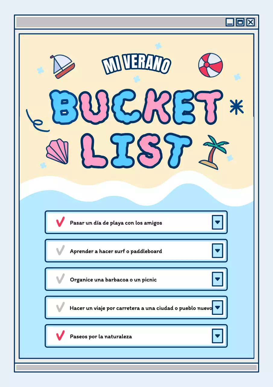 Bloc de notas con una bonita lista de tareas para las vacaciones de verano en azul claro y rosa