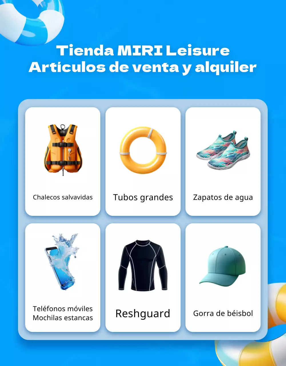 Anuncio promocional de una tienda de ocio con detalles en azul y amarillo