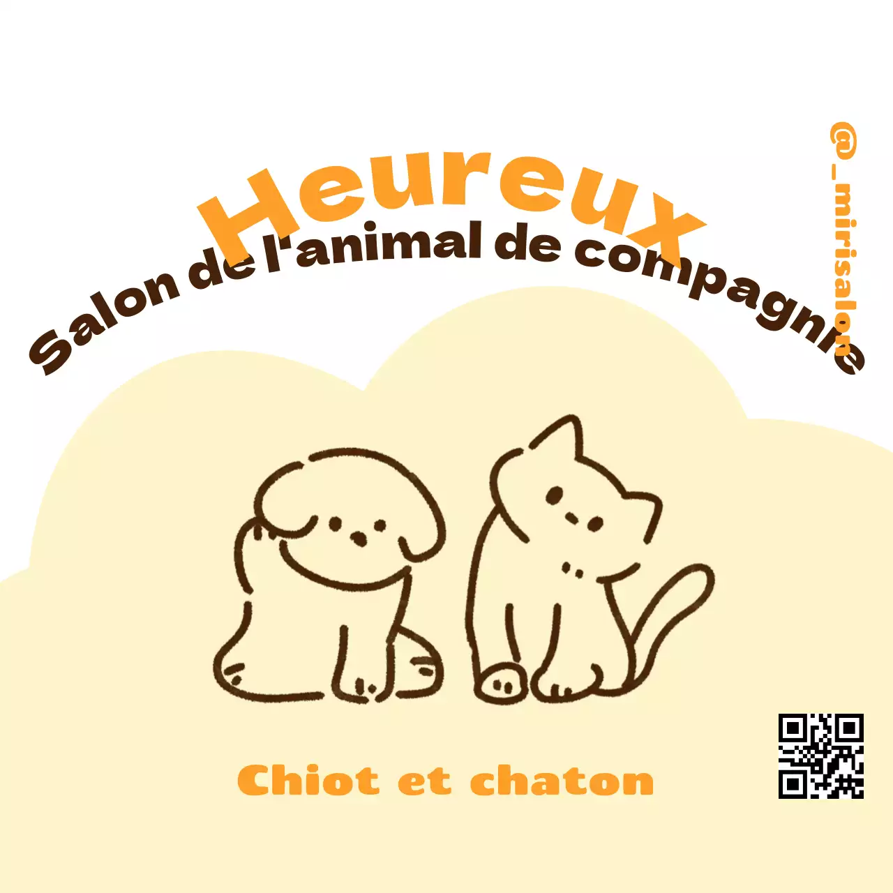 Conception d'une bannière pour un titre anglais avec une illustration mignonne d'un chien, d'un chiot et d'un chat avec un code QR.
