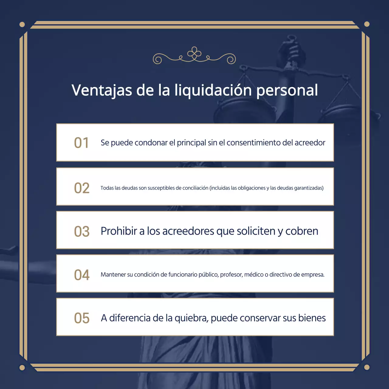 Promoción de un bufete de abogados con clase en azul marino y dorado