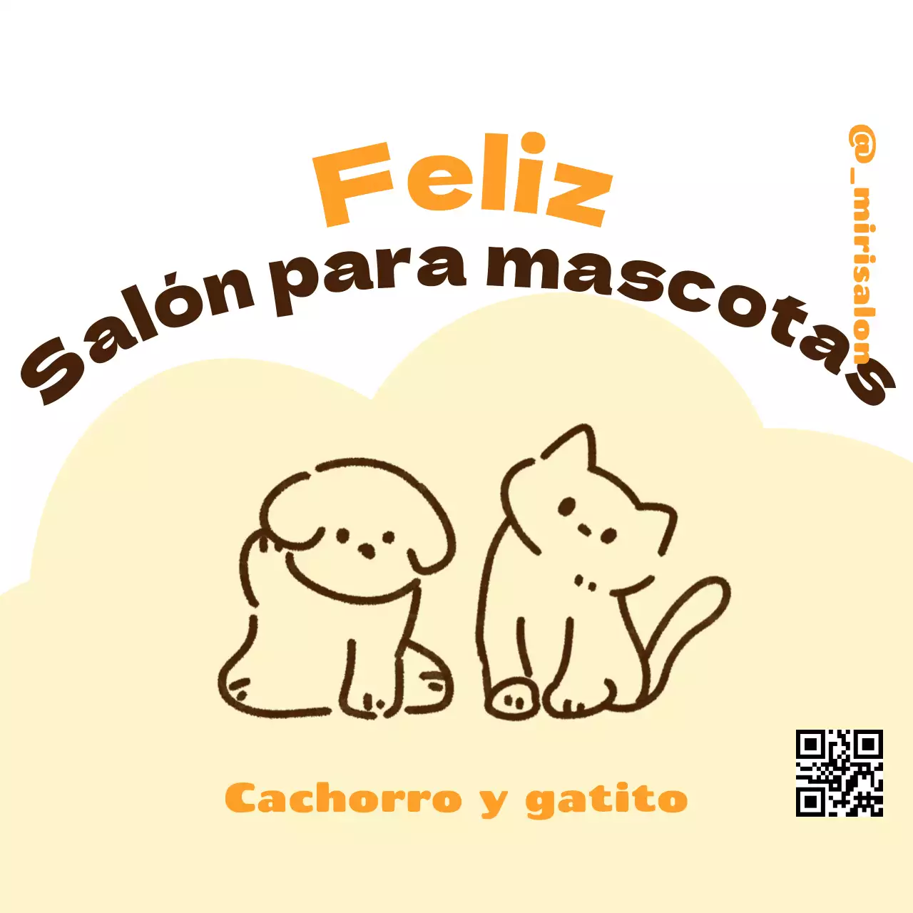 Diseño de banner para un título en inglés con una simpática ilustración de un perro cachorro de gato con un simpático código QR.