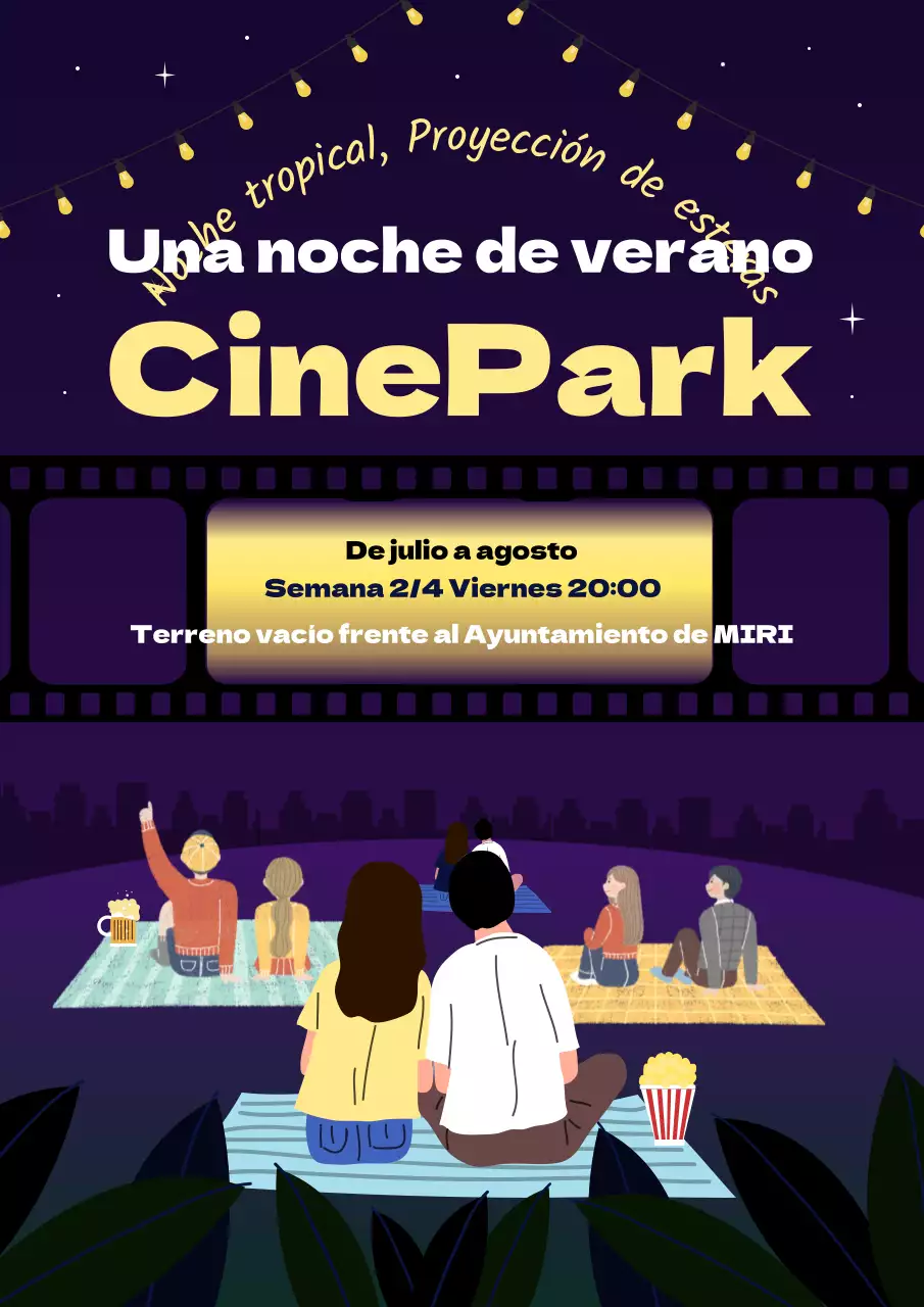 Promueva una proyección de cine nocturno tropical en amarillo y morado