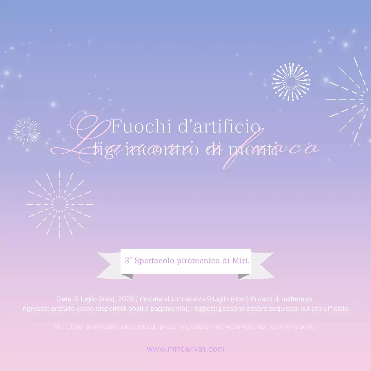 Pubblicità di tendenza per i fuochi d'artificio estivi nei colori rosa e lavanda.