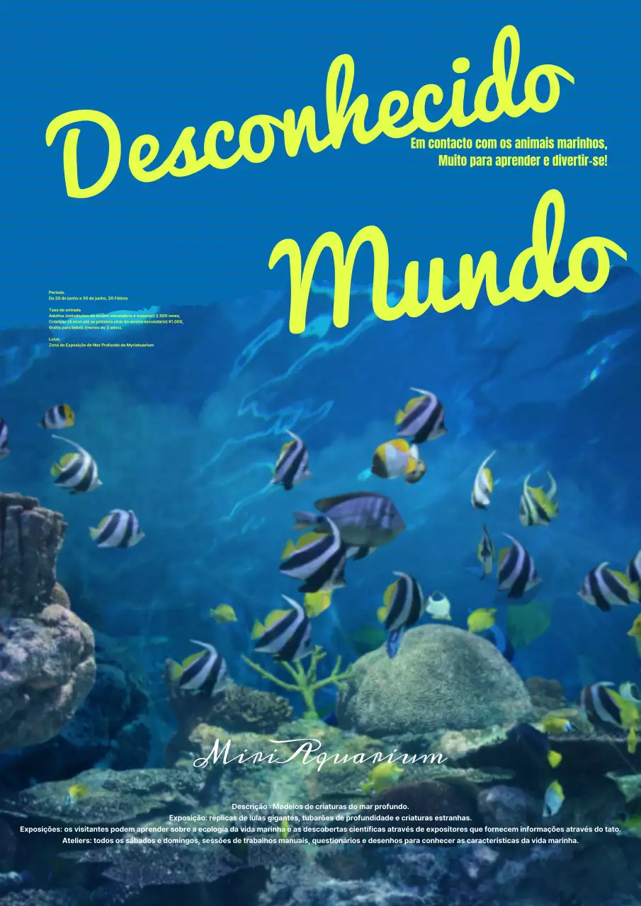 Publicidade à exposição do aquário moderno azul e amarelo.
