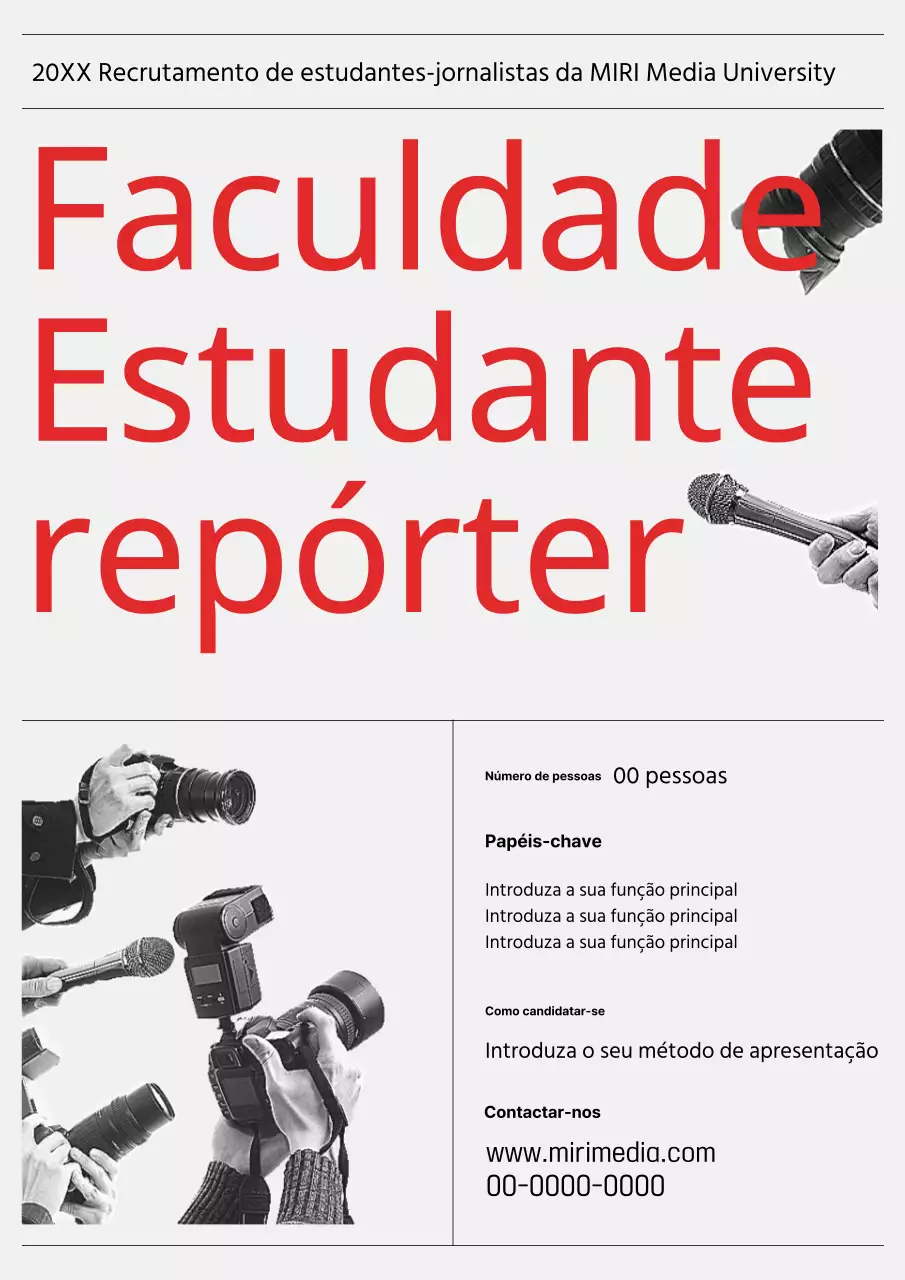 Uma equipa de jornalismo universitário retro, cinzenta e vermelha, está à procura de um novo repórter
