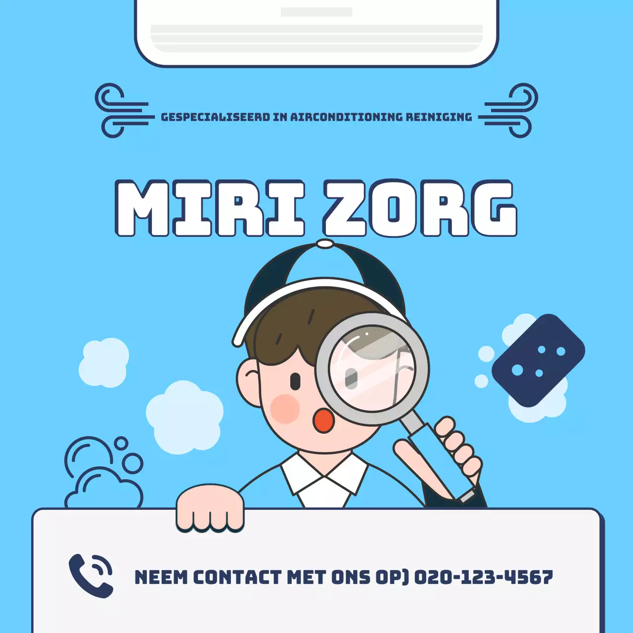 Eenvoudige reclame voor het reinigen van airconditioning in blauw en wit