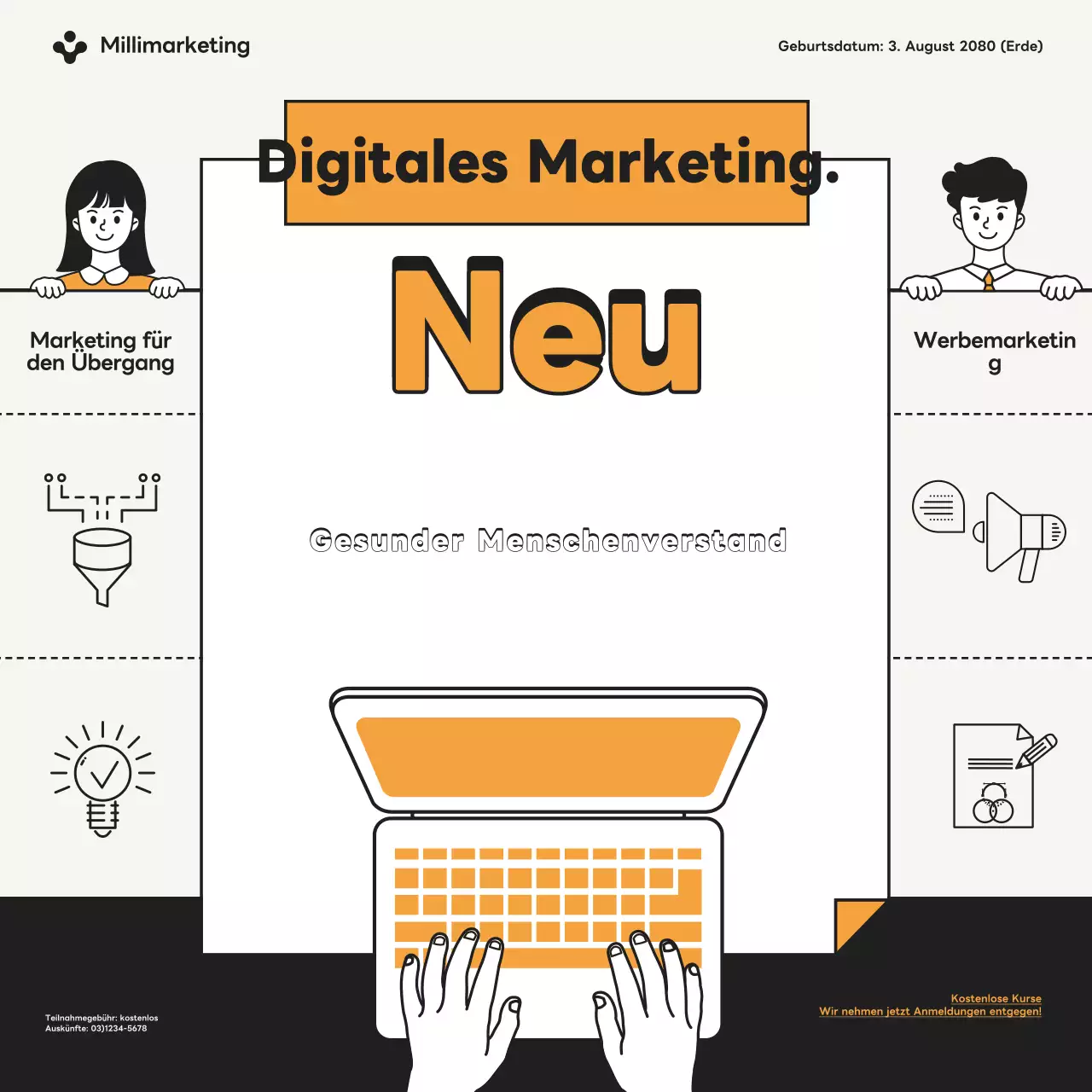 Werbung für einen einfachen kostenlosen Online-Kurs in Orange und Schwarz.