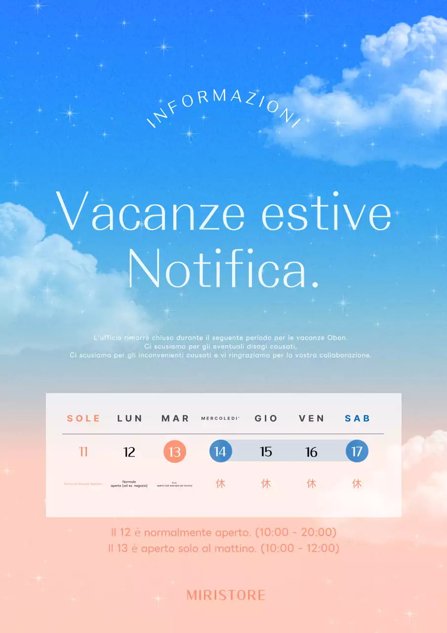 Un avviso di vacanza colorato e grazioso, in blu e rosa.